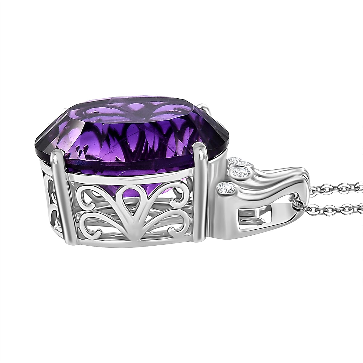 Concave Cut Zambian Amethyst & White Zircon Pendant with Chain (Size - 20) in Rhodium Overlay Sterling Silver 11.81 Ct.