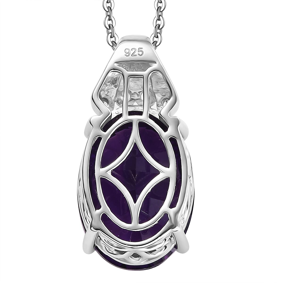 Concave Cut Zambian Amethyst & White Zircon Pendant with Chain (Size - 20) in Rhodium Overlay Sterling Silver 11.81 Ct.