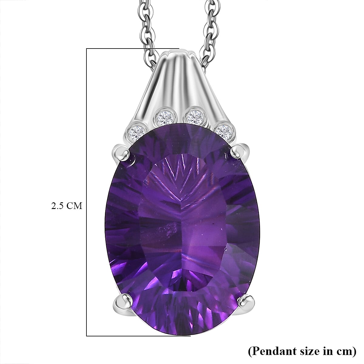 Concave Cut Zambian Amethyst & White Zircon Pendant with Chain (Size - 20) in Rhodium Overlay Sterling Silver 11.81 Ct.