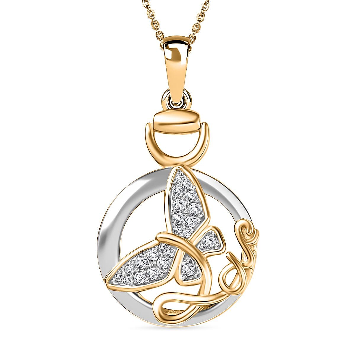 GP Italian Garden Collection White Zircon & Blue Sapphire Butterfly Pendant with Chain (Size - 20) in 18K Vermeil Yellow Gold Plated Sterling Silver