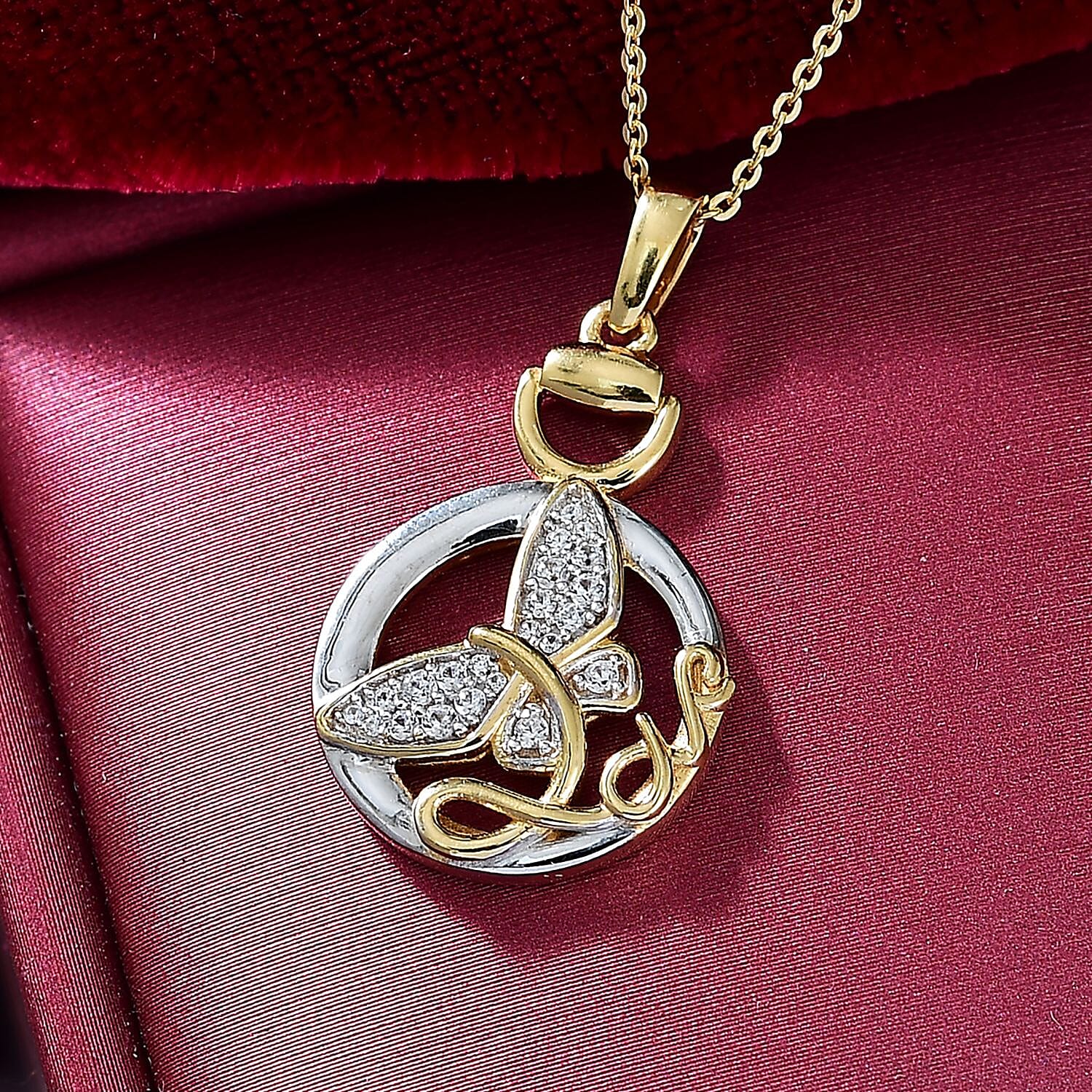 GP Italian Garden Collection White Zircon & Blue Sapphire Butterfly Pendant with Chain (Size - 20) in 18K Vermeil Yellow Gold Plated Sterling Silver
