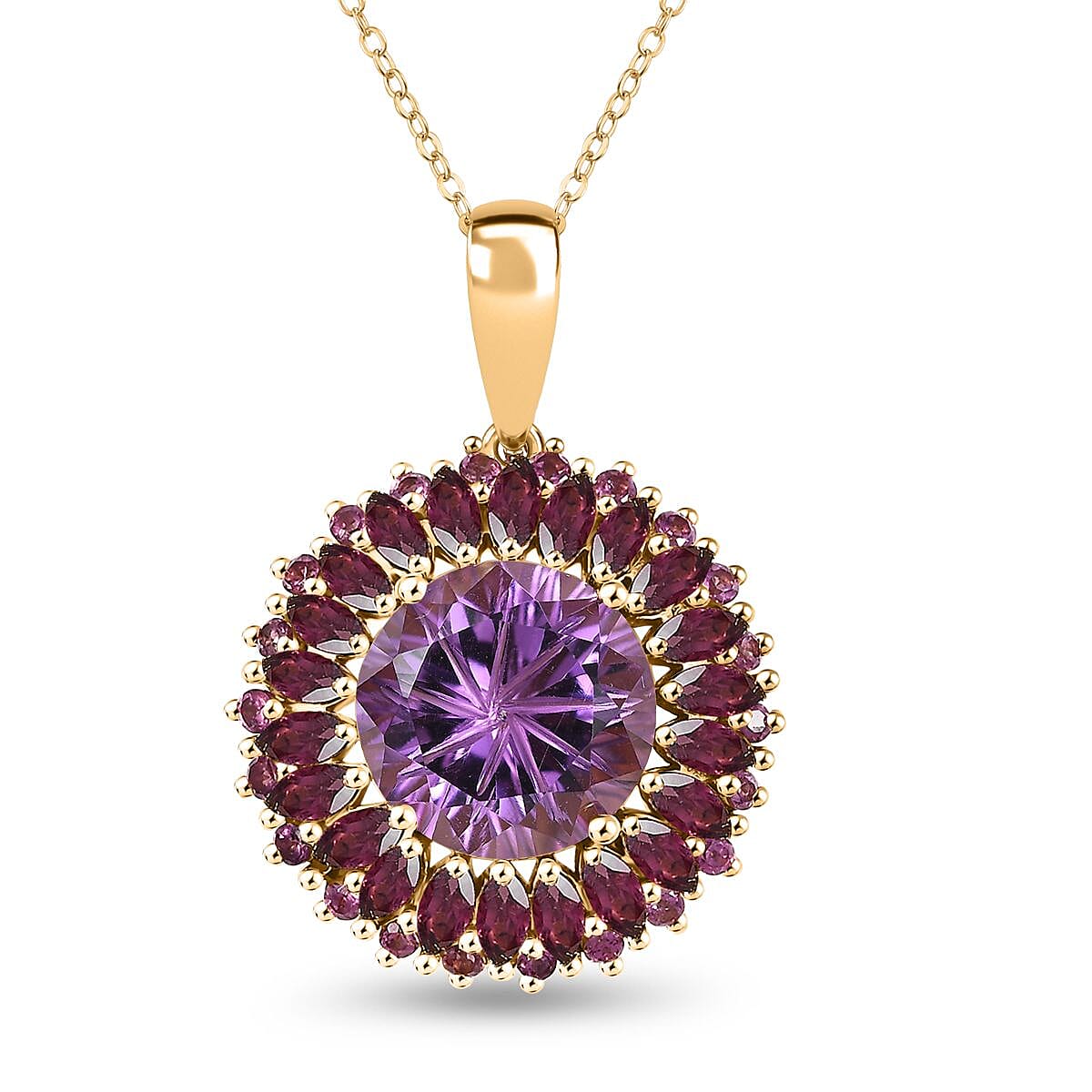 African Amethyst & Rhodolite Garnet Pendant with Chain (Size - 20) in 18K Vermeil Yellow Gold Plated Sterling Silver 10.20 Ct.
