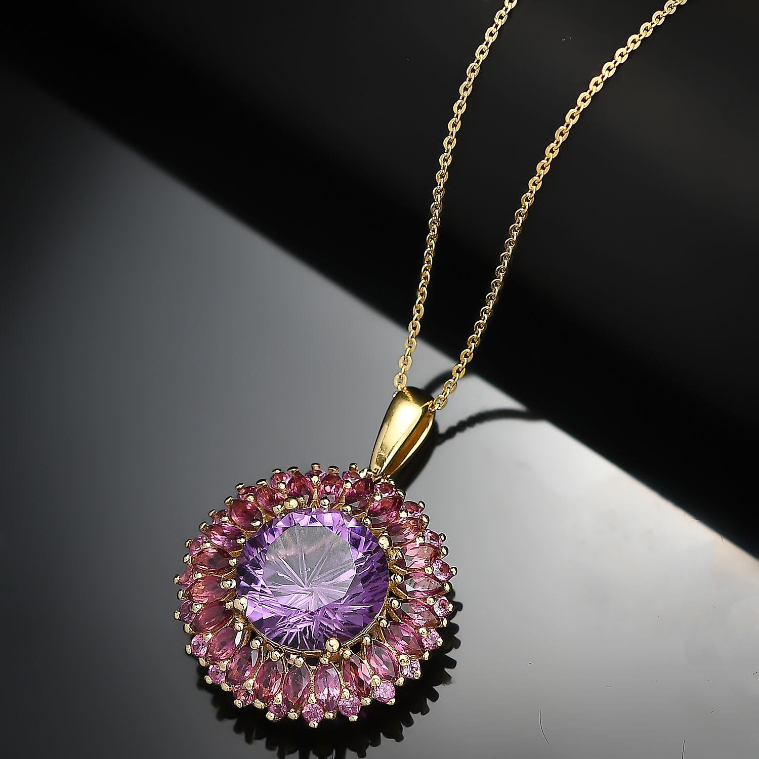 African Amethyst & Rhodolite Garnet Pendant with Chain (Size - 20) in 18K Vermeil Yellow Gold Plated Sterling Silver 10.20 Ct.
