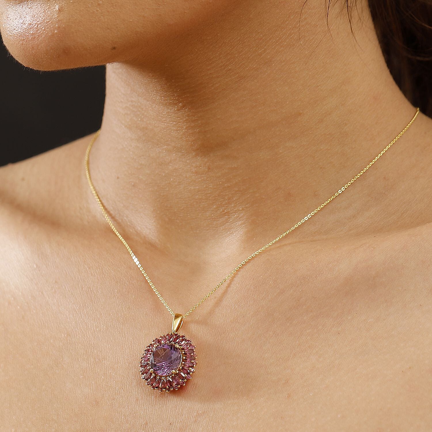 African Amethyst & Rhodolite Garnet Pendant with Chain (Size - 20) in 18K Vermeil Yellow Gold Plated Sterling Silver 10.20 Ct.