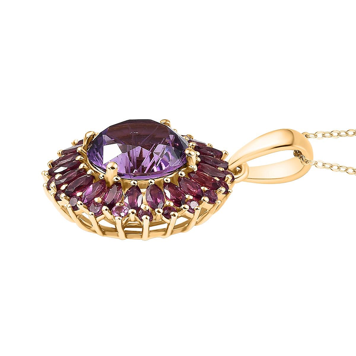 African Amethyst & Rhodolite Garnet Pendant with Chain (Size - 20) in 18K Vermeil Yellow Gold Plated Sterling Silver 10.20 Ct.