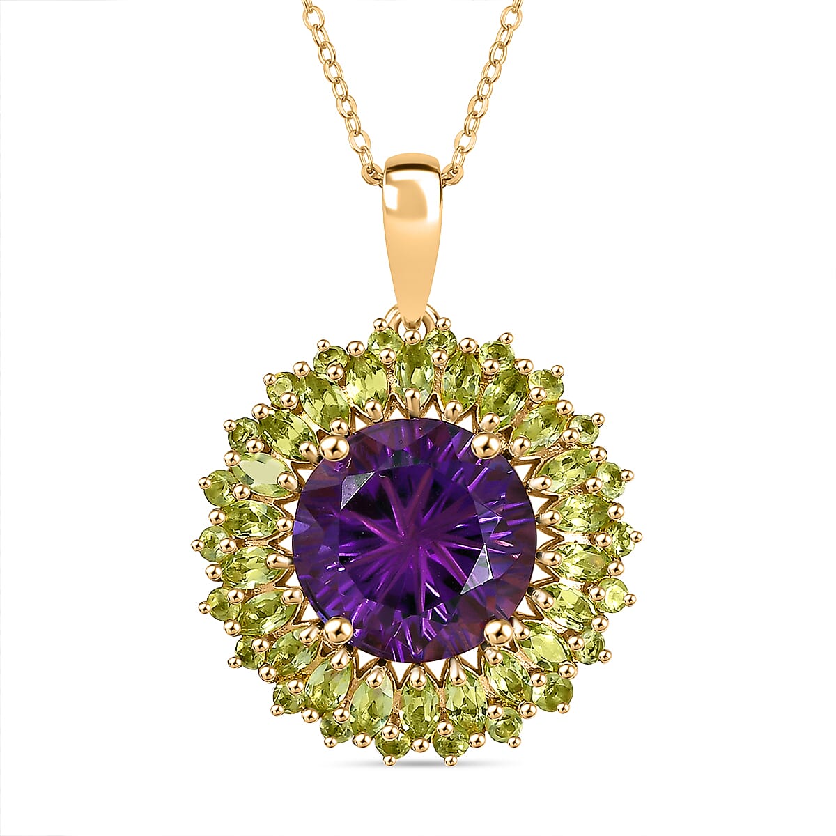 African Amethyst & Peridot Pendant with Chain (Size - 20) in 18K Vermeil Yellow Gold Plated Sterling Silver 10.33 Ct.
