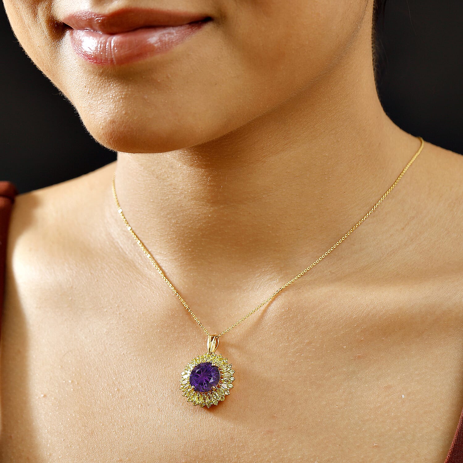 African Amethyst & Peridot Pendant with Chain (Size - 20) in 18K Vermeil Yellow Gold Plated Sterling Silver 10.33 Ct.