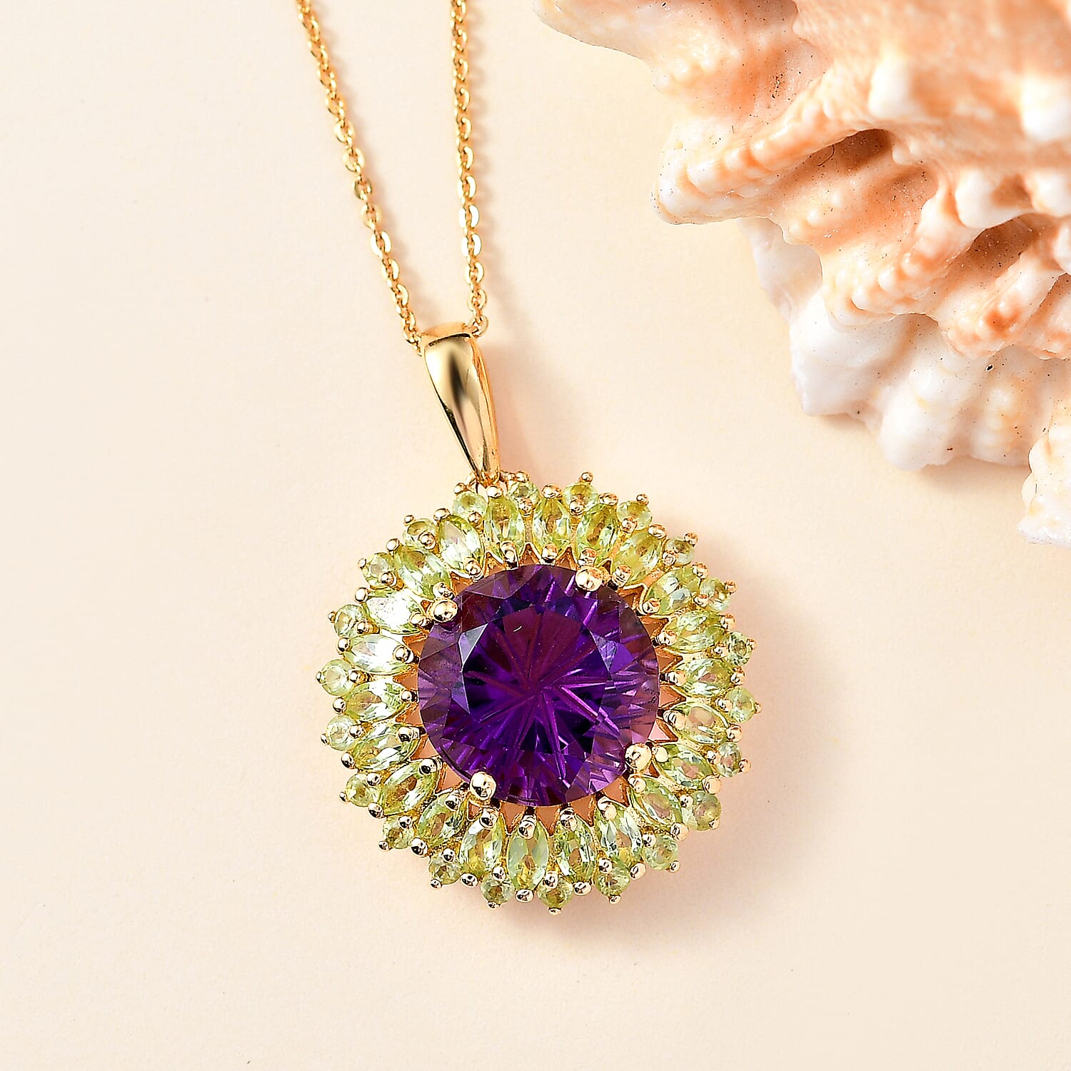 African Amethyst & Peridot Pendant with Chain (Size - 20) in 18K Vermeil Yellow Gold Plated Sterling Silver 10.33 Ct.