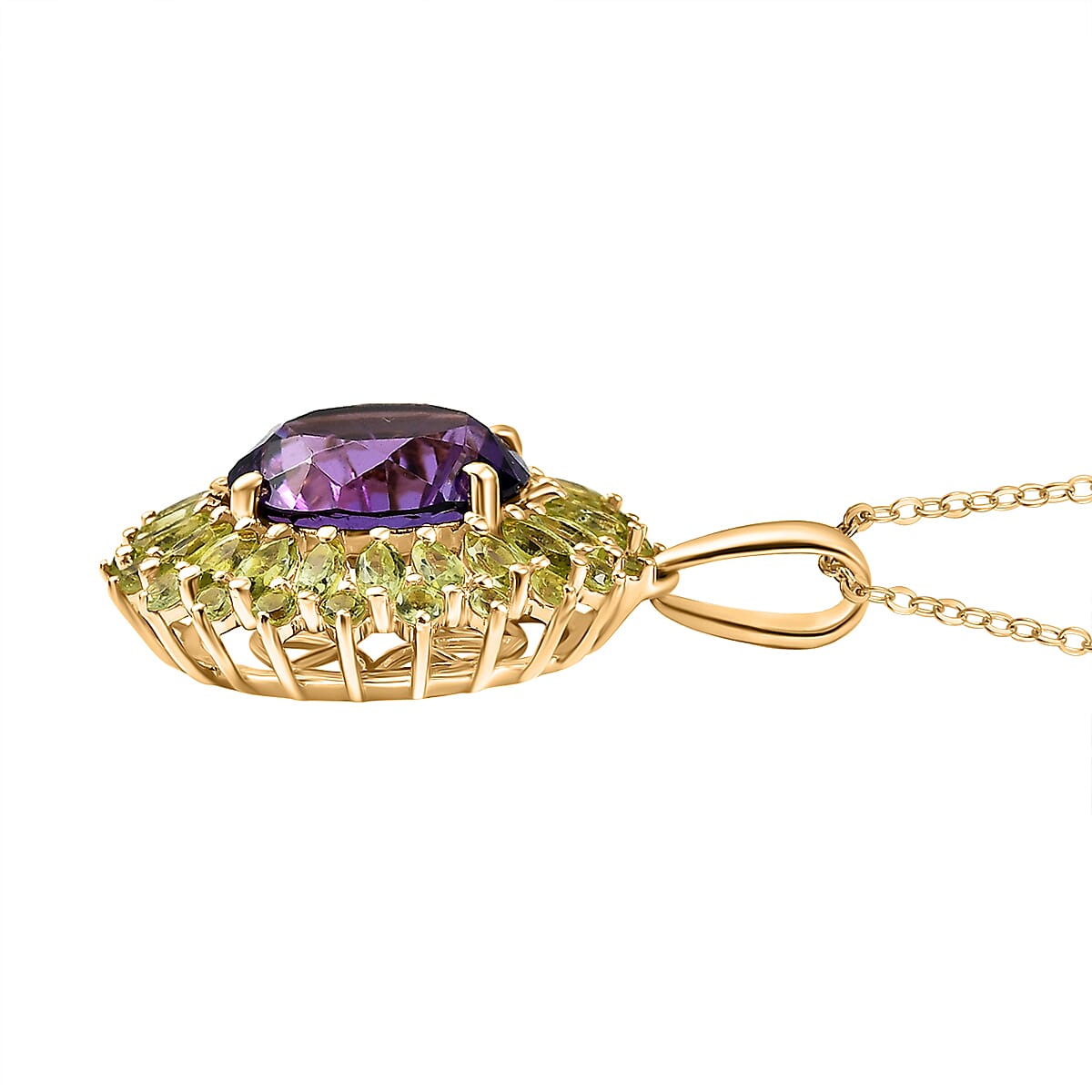 African Amethyst & Peridot Pendant with Chain (Size - 20) in 18K Vermeil Yellow Gold Plated Sterling Silver 10.33 Ct.