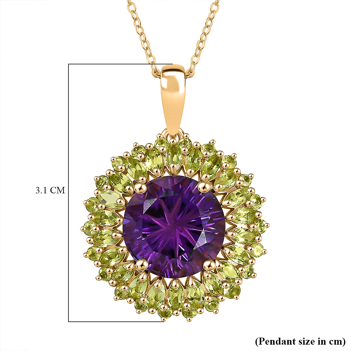 African Amethyst & Peridot Pendant with Chain (Size - 20) in 18K Vermeil Yellow Gold Plated Sterling Silver 10.33 Ct.