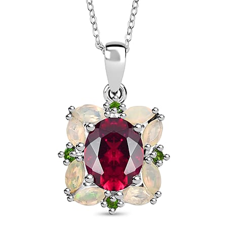 Rhodolite Garnet, Ethiopian Opal & Natural Chrome Diopside Pendant with Chain (Size 20) in Rhodium Overlay Sterling Silver 4.38 Ct.