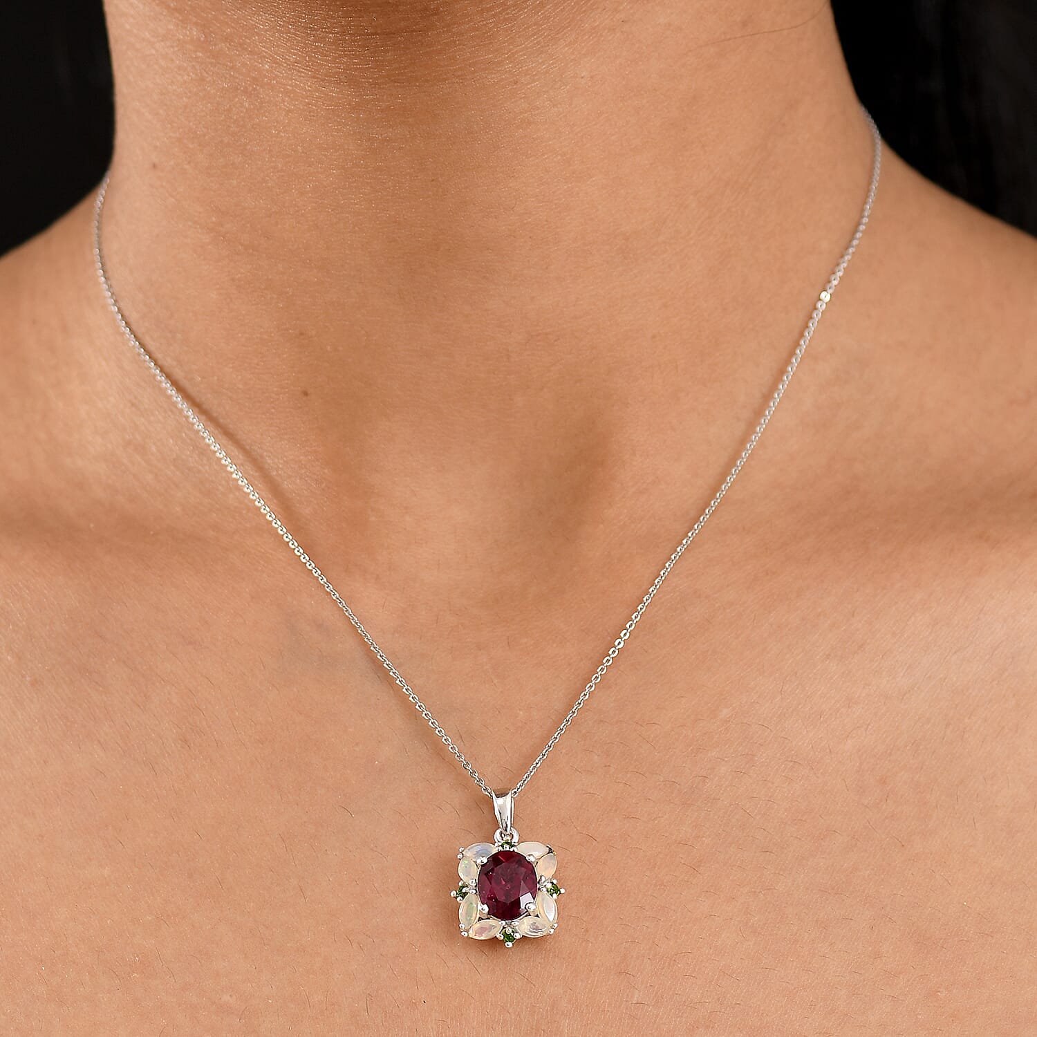 Rhodolite Garnet, Ethiopian Opal & Natural Chrome Diopside Pendant with Chain (Size 20) in Rhodium Overlay Sterling Silver 4.38 Ct.