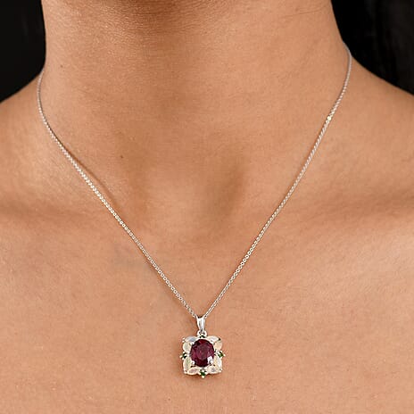 Rhodolite Garnet, Ethiopian Opal & Natural Chrome Diopside Pendant with Chain (Size 20) in Rhodium Overlay Sterling Silver 4.38 Ct.