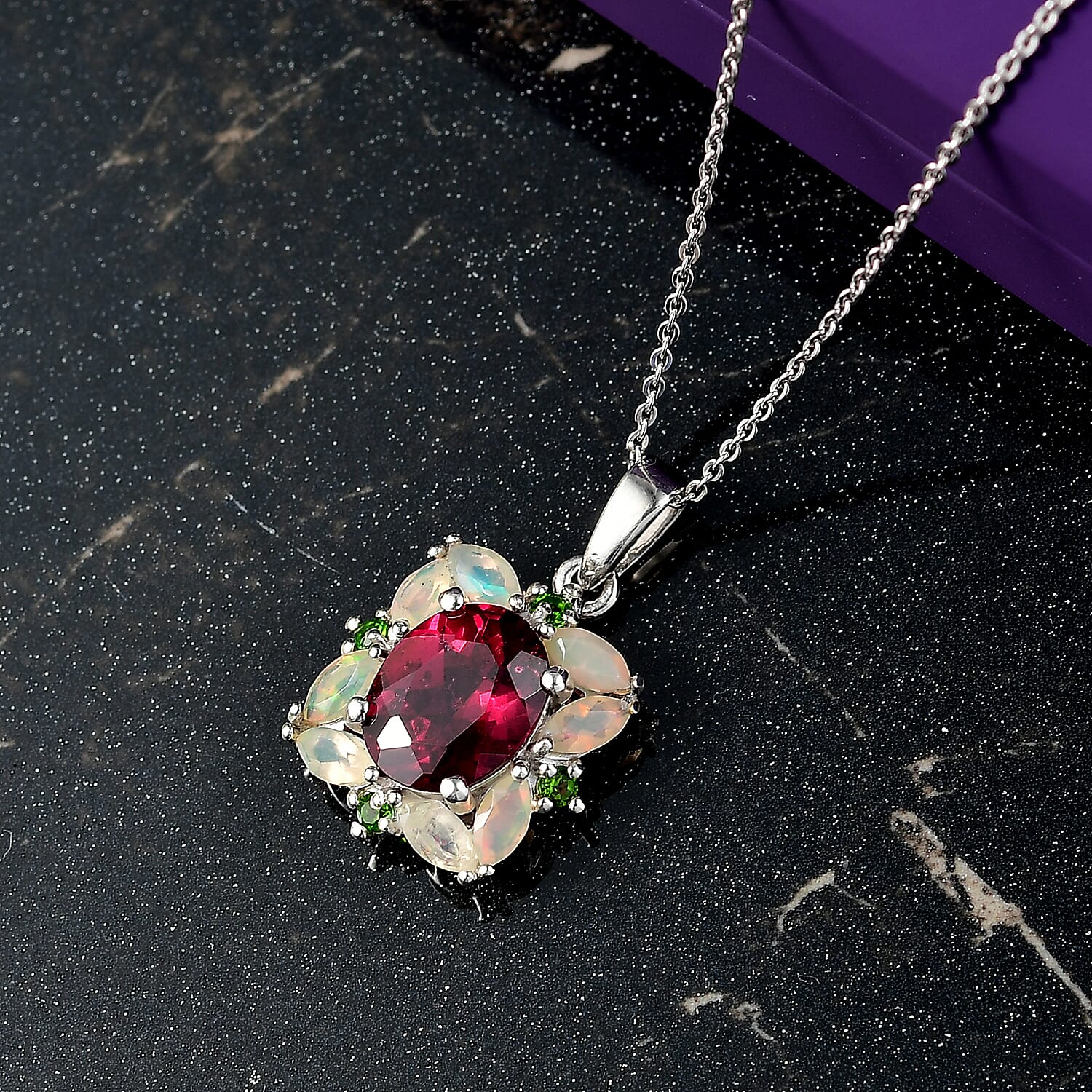 Rhodolite Garnet, Ethiopian Opal & Natural Chrome Diopside Pendant with Chain (Size 20) in Rhodium Overlay Sterling Silver 4.38 Ct.