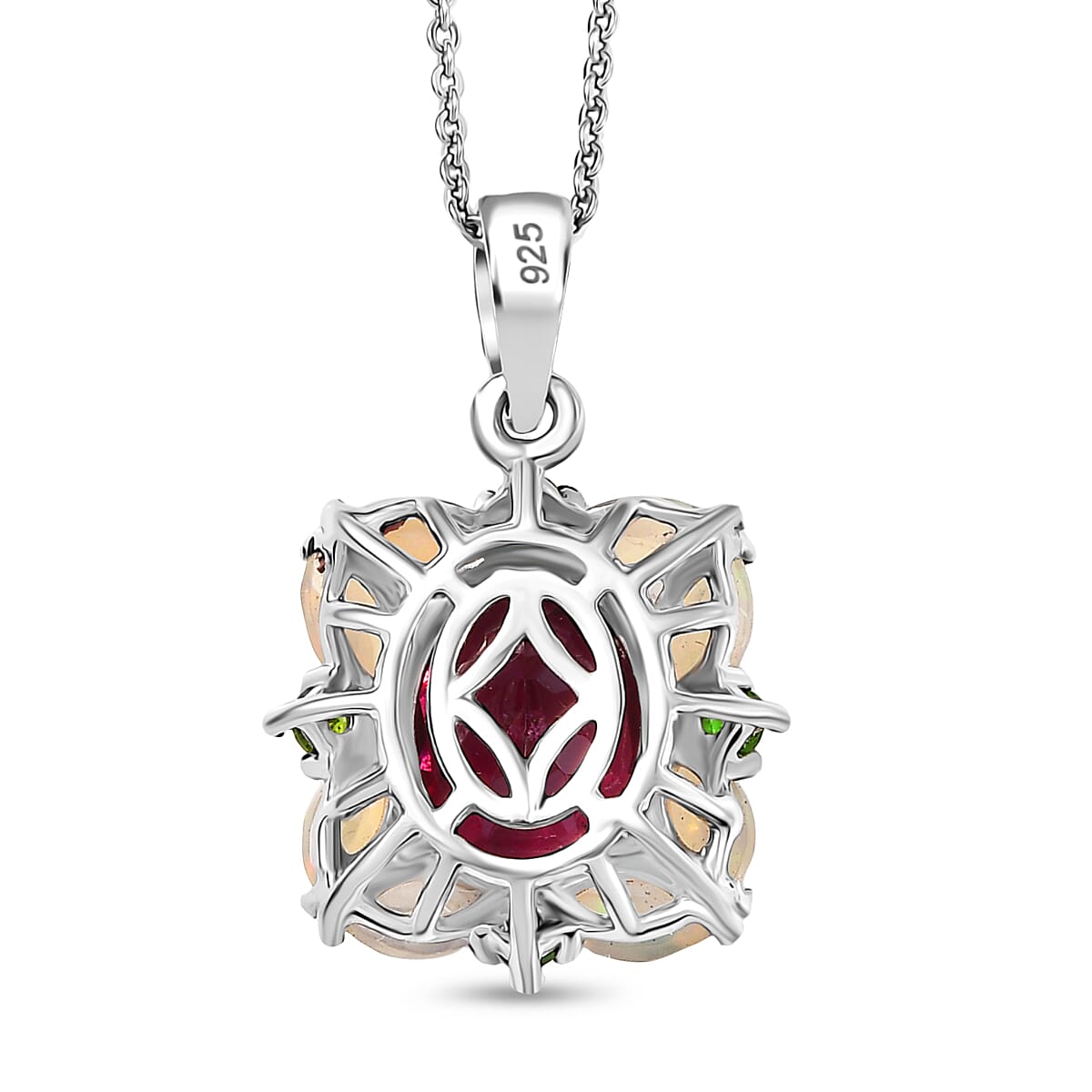 Rhodolite Garnet, Ethiopian Opal & Natural Chrome Diopside Pendant with Chain (Size 20) in Rhodium Overlay Sterling Silver 4.38 Ct.