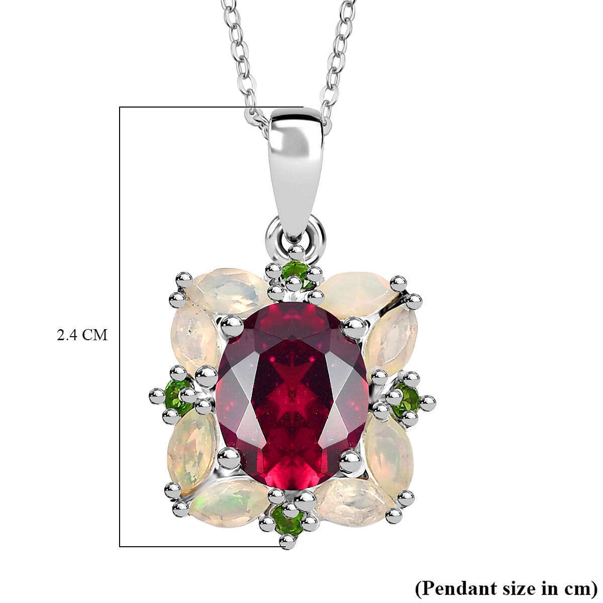 Rhodolite Garnet, Ethiopian Opal & Natural Chrome Diopside Pendant with Chain (Size 20) in Rhodium Overlay Sterling Silver 4.38 Ct.