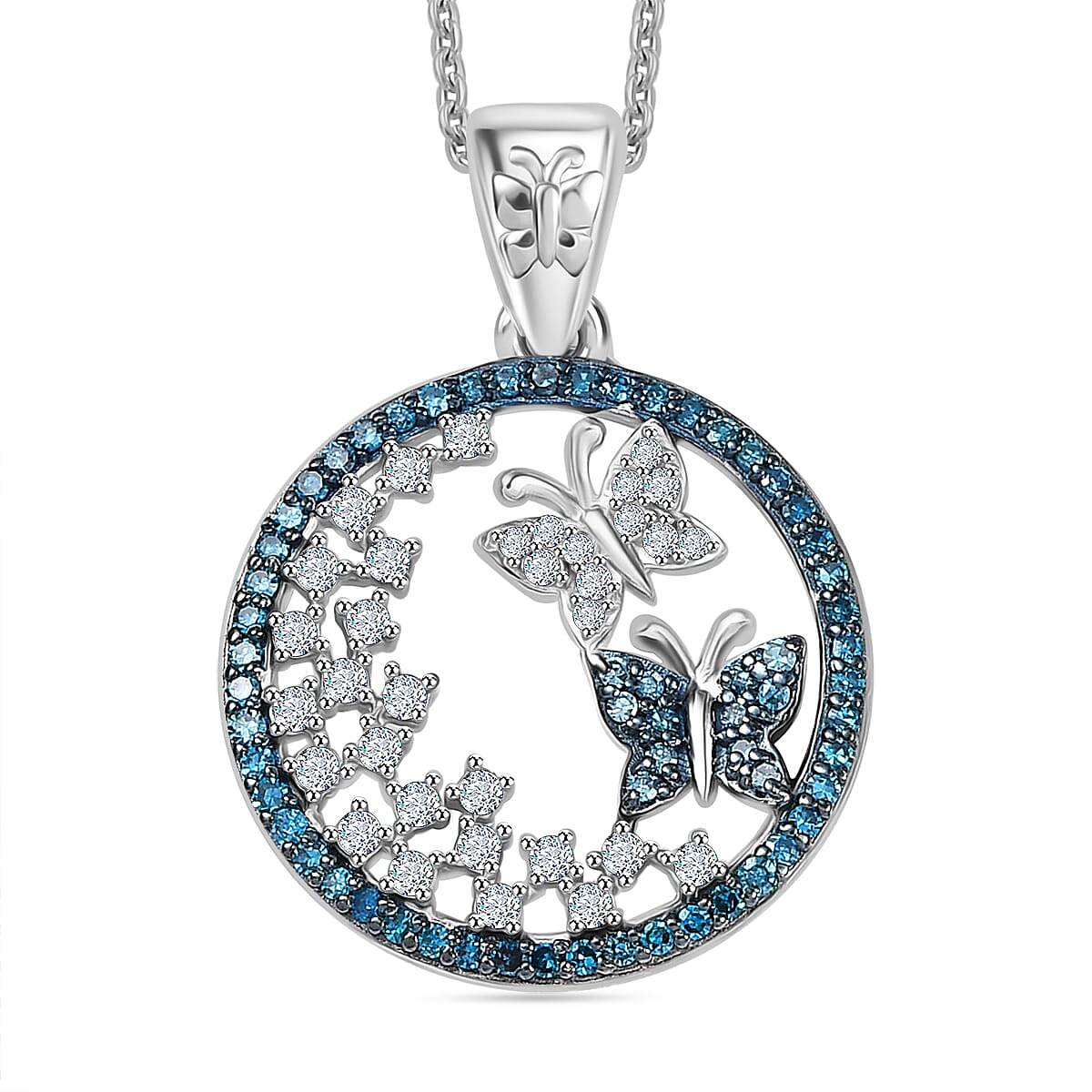 GP Italian Garden Collection - Blue Diamond, White Diamond & Blue Sapphire Pendant with Chain (Size - 20) in Rhodium Overlay Sterling Silver 0.50 Ct.