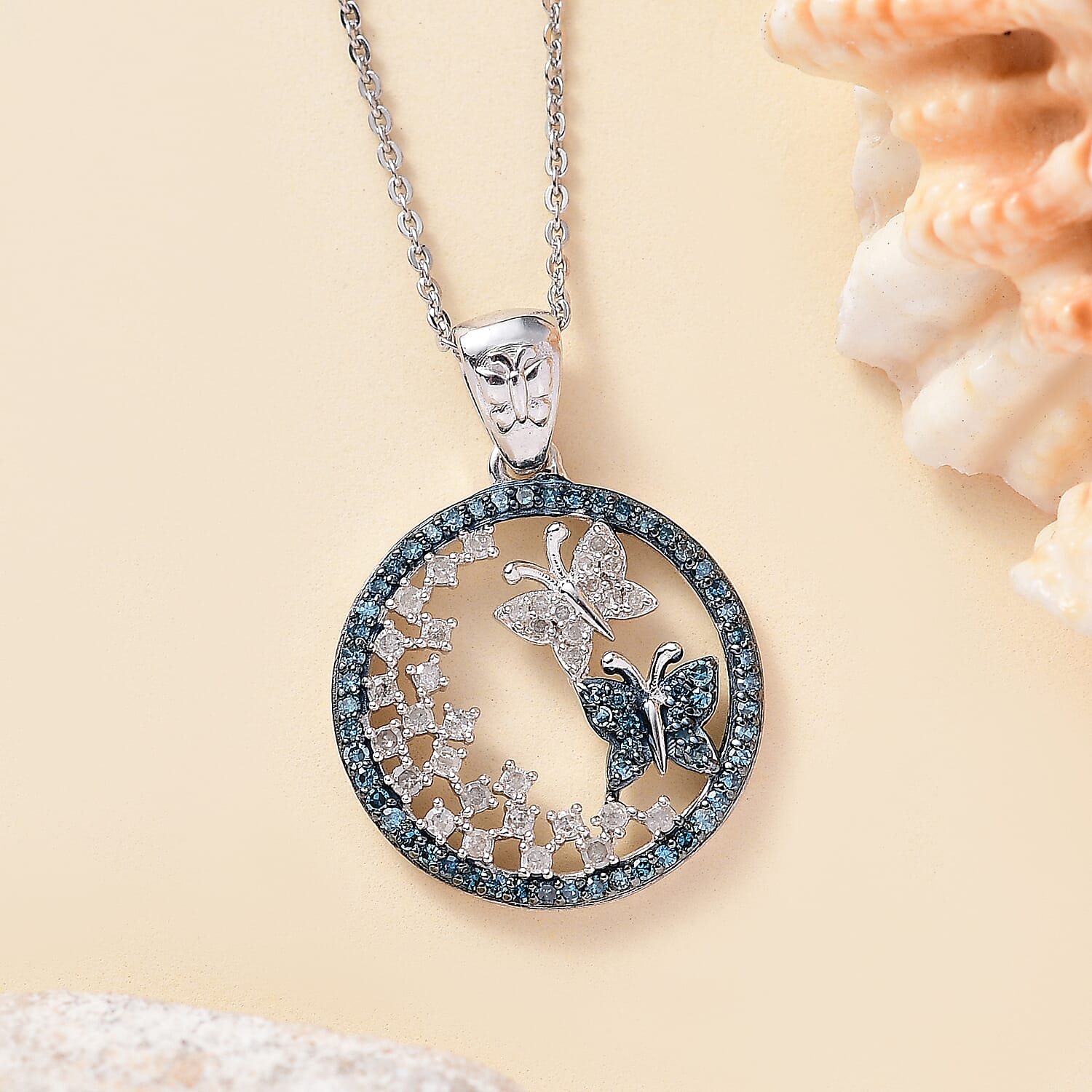 GP Italian Garden Collection - Blue Diamond, White Diamond & Blue Sapphire Pendant with Chain (Size - 20) in Rhodium Overlay Sterling Silver 0.50 Ct.