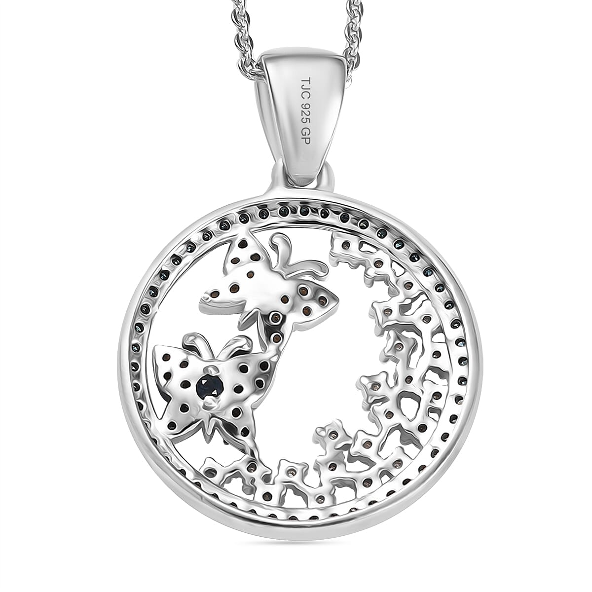 GP Italian Garden Collection - Blue Diamond, White Diamond & Blue Sapphire Pendant with Chain (Size - 20) in Rhodium Overlay Sterling Silver 0.50 Ct.