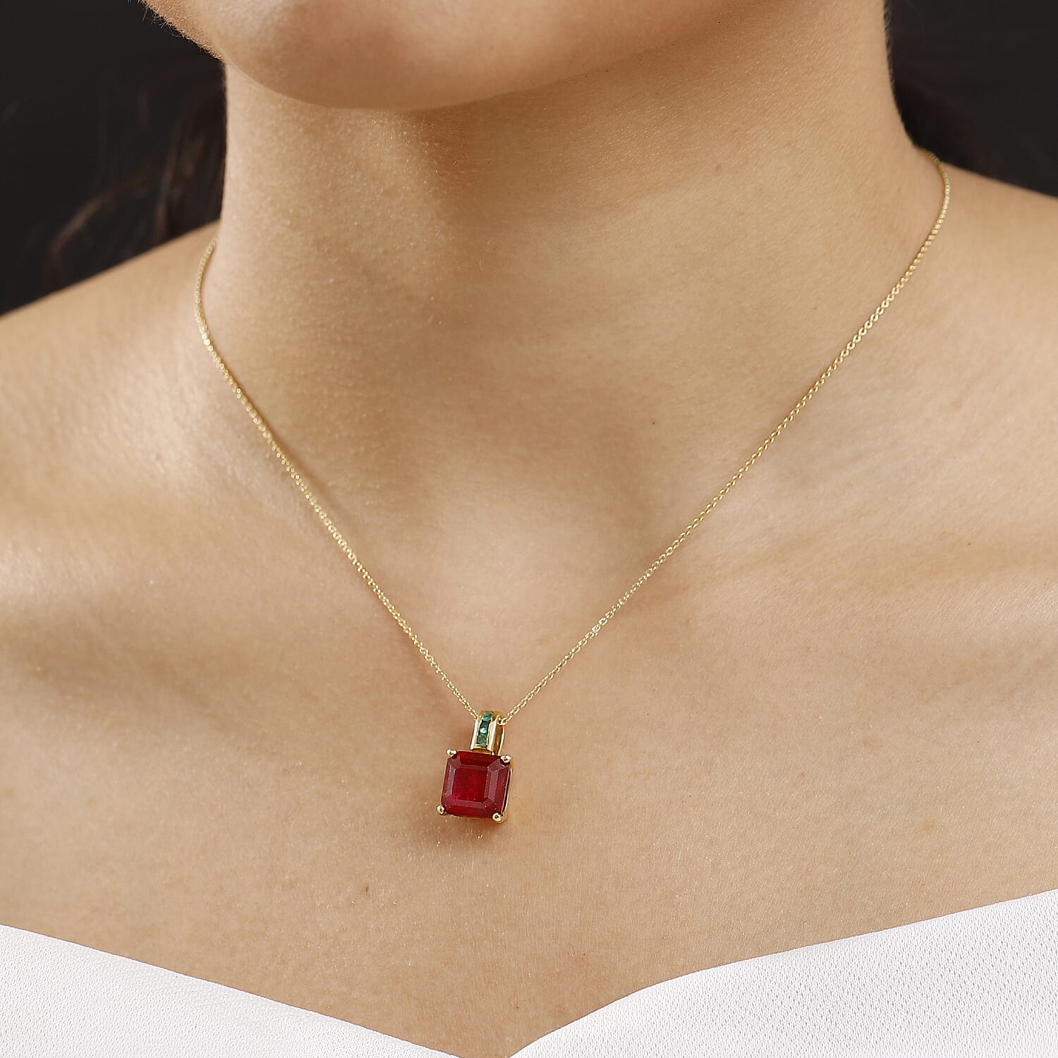 African Ruby & Zambian Emerald Pendant with Chain (Size 20) in 18K Vermeil Yellow Gold Plated Sterling Silver 8.03 Ct.