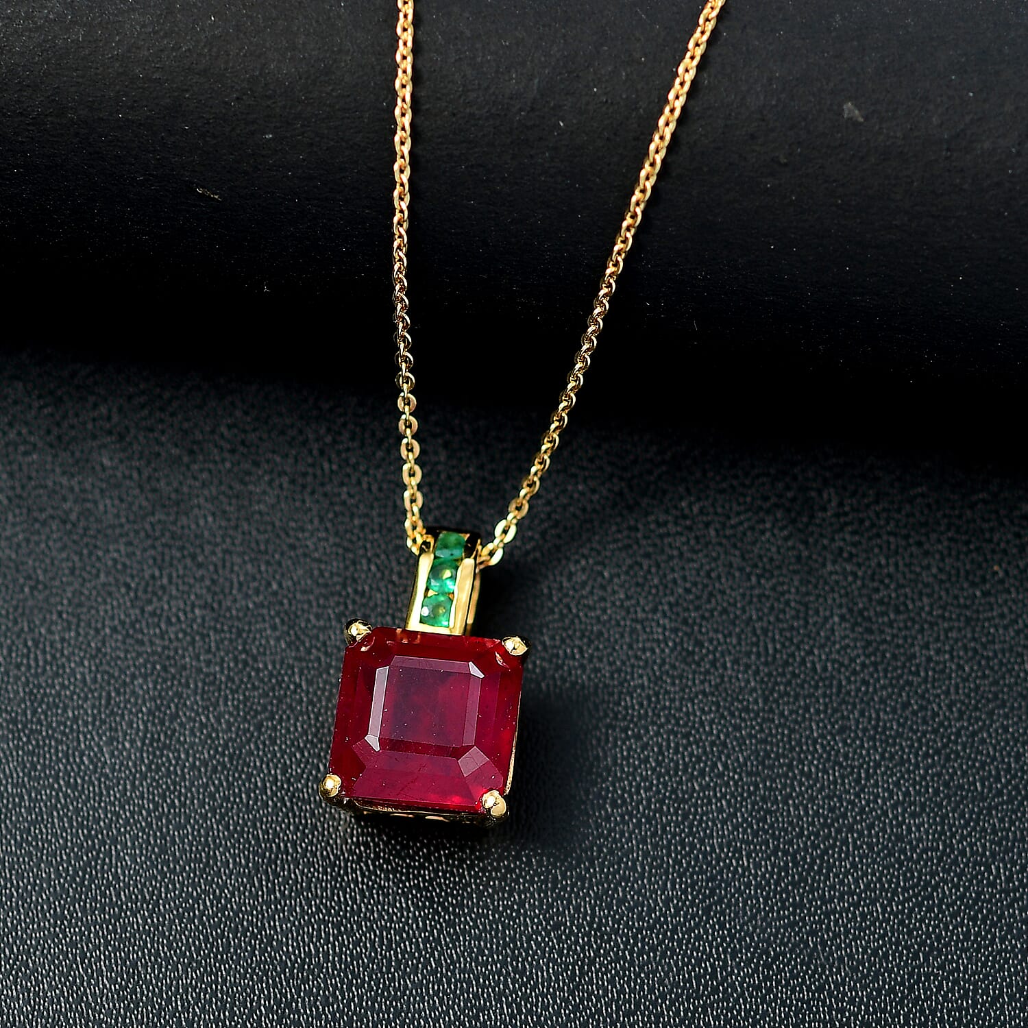 African Ruby & Zambian Emerald Pendant with Chain (Size 20) in 18K Vermeil Yellow Gold Plated Sterling Silver 8.03 Ct.