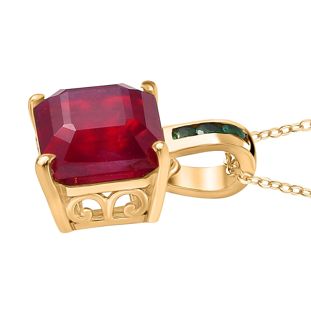 African Ruby & Zambian Emerald Pendant with Chain (Size 20) in 18K Vermeil Yellow Gold Plated Sterling Silver 8.03 Ct.