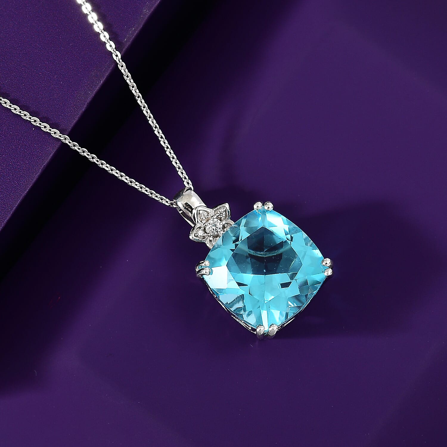 Radiant Glacier Quartz & White Zircon Pendant with Chain (Size - 20) in Rhodium Overlay Sterling Silver 11.58 Ct.