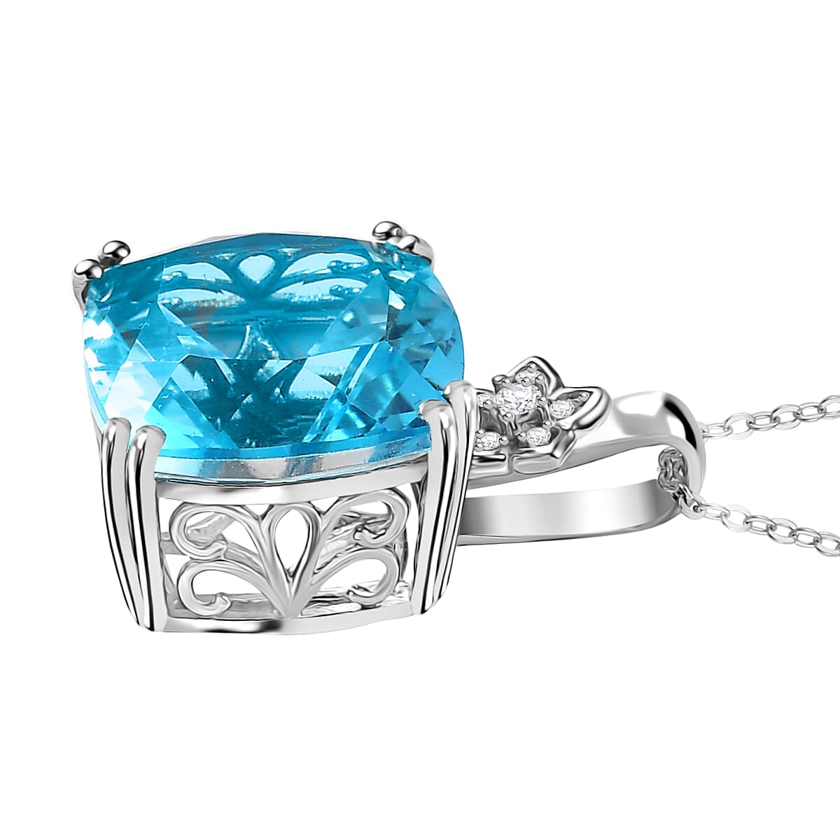 Radiant Glacier Quartz & White Zircon Pendant with Chain (Size - 20) in Rhodium Overlay Sterling Silver 11.58 Ct.