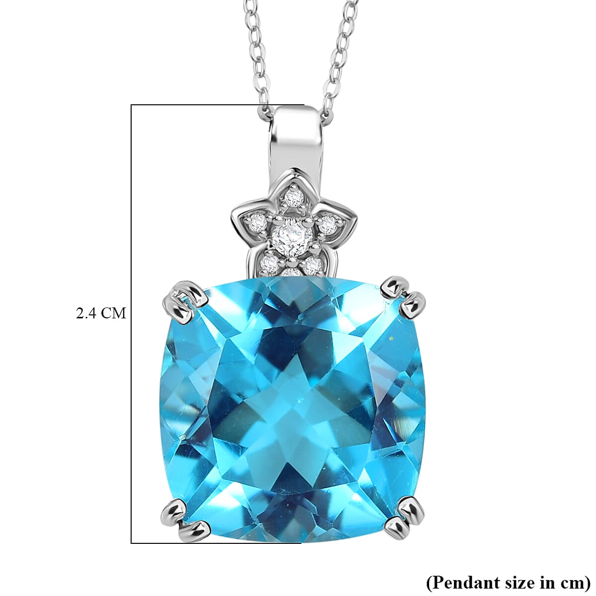 Radiant Glacier Quartz & White Zircon Pendant with Chain (Size - 20) in Rhodium Overlay Sterling Silver 11.58 Ct.