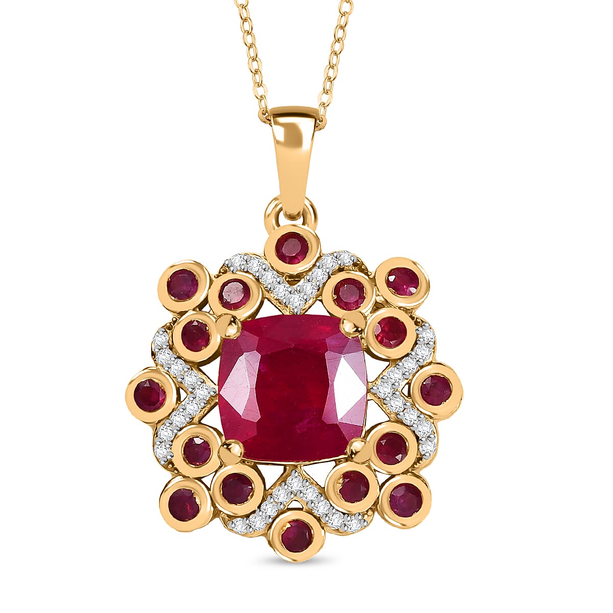 African Ruby, White Zircon Pendant with Chain (Size 20) in 18K Vermeil Yellow Gold Plated Sterling Silver 6.27 Ct.