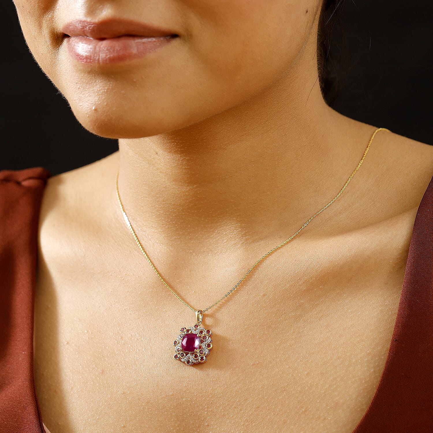 African Ruby, White Zircon Pendant with Chain (Size 20) in 18K Vermeil Yellow Gold Plated Sterling Silver 6.27 Ct.