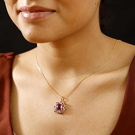 African Ruby, White Zircon Pendant with Chain (Size 20) in 18K Vermeil Yellow Gold Plated Sterling Silver 6.27 Ct.
