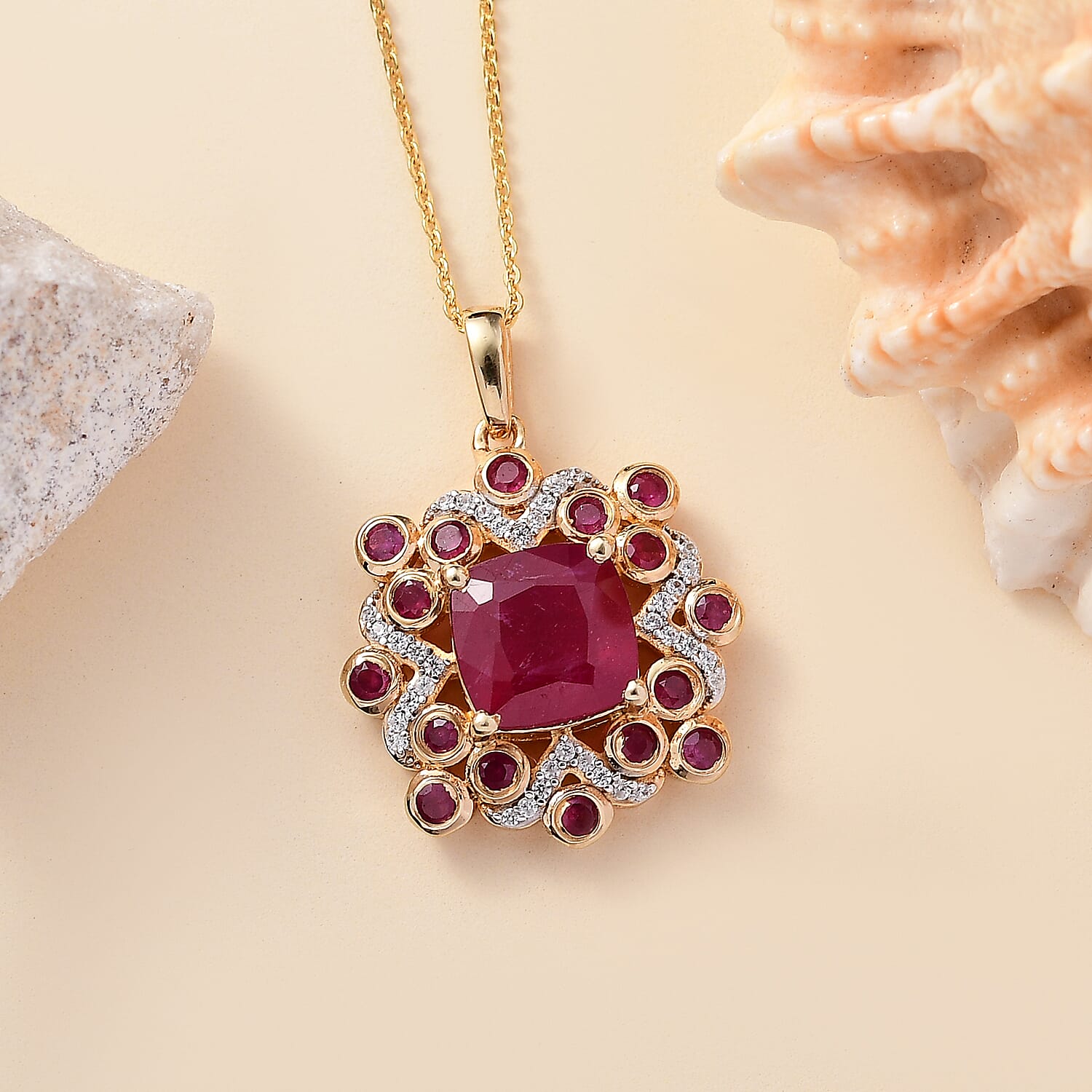 African Ruby, White Zircon Pendant with Chain (Size 20) in 18K Vermeil Yellow Gold Plated Sterling Silver 6.27 Ct.