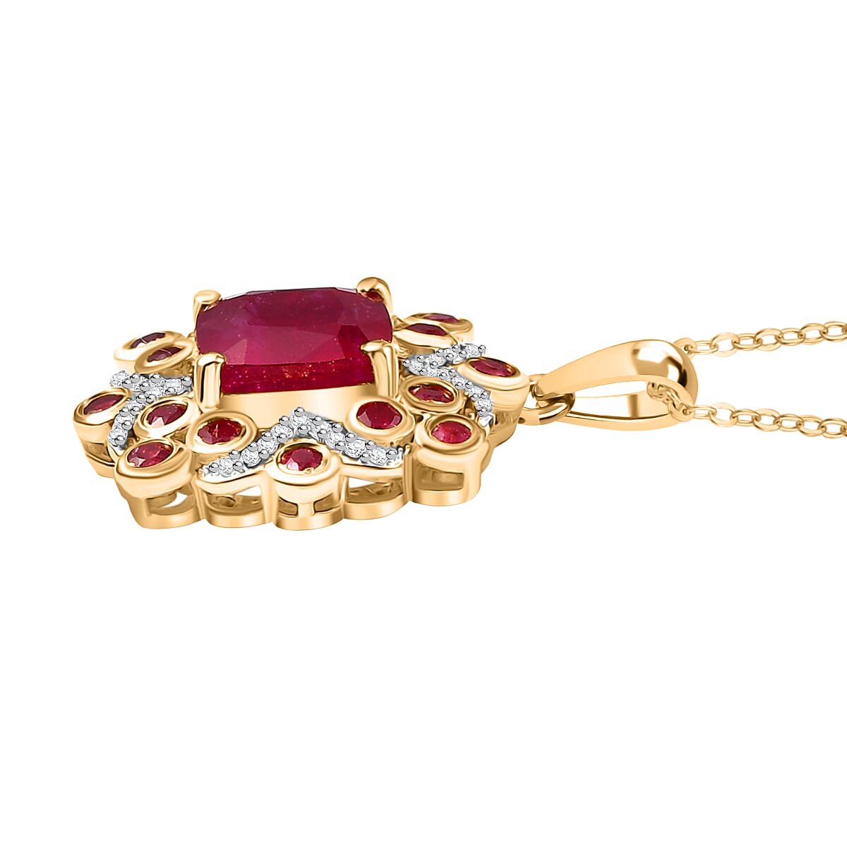 African Ruby, White Zircon Pendant with Chain (Size 20) in 18K Vermeil Yellow Gold Plated Sterling Silver 6.27 Ct.