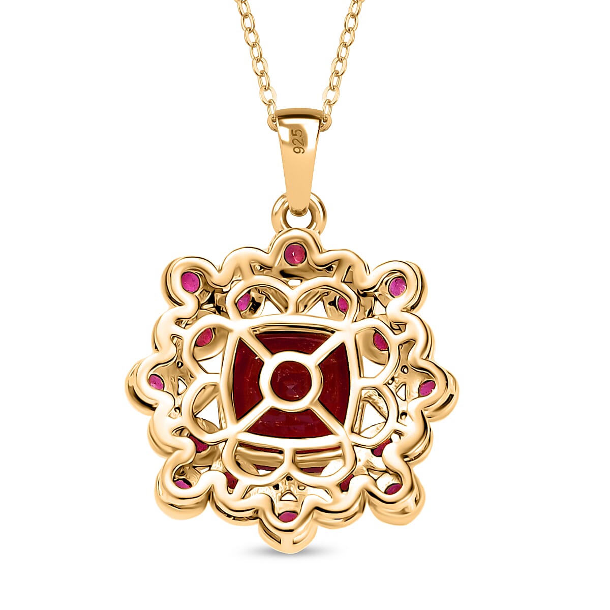 African Ruby, White Zircon Pendant with Chain (Size 20) in 18K Vermeil Yellow Gold Plated Sterling Silver 6.27 Ct.