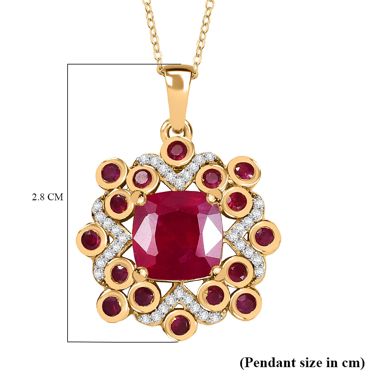 African Ruby, White Zircon Pendant with Chain (Size 20) in 18K Vermeil Yellow Gold Plated Sterling Silver 6.27 Ct.
