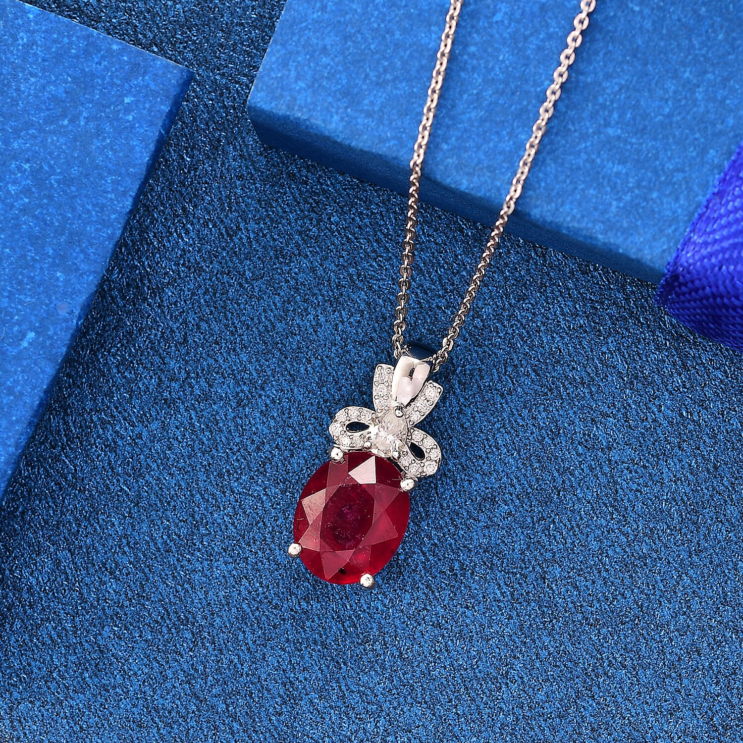 African Ruby & Moissanite Pendant with Chain (Size - 20) in Rhodium Overlay Sterling Silver 5.75 Ct.