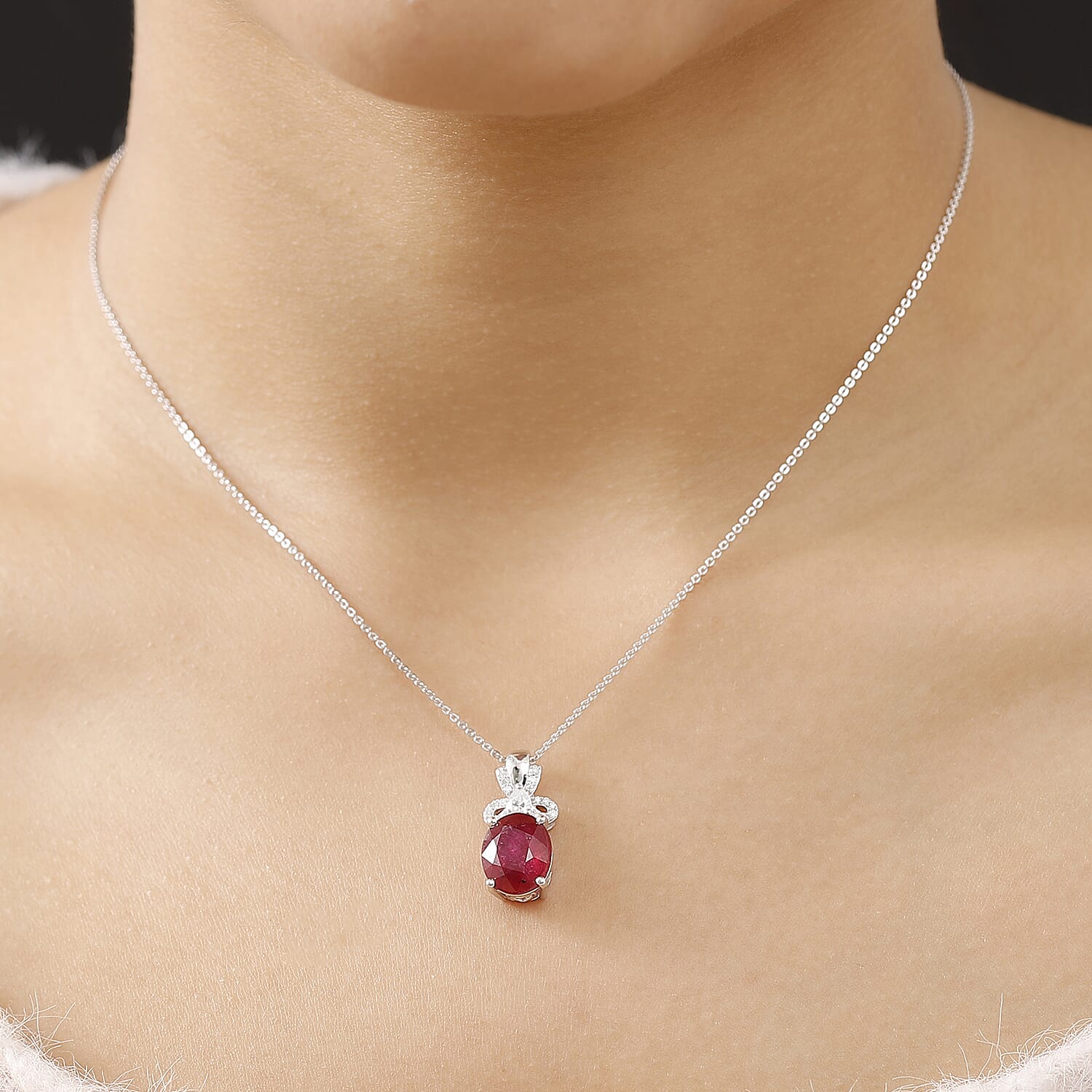 African Ruby & Moissanite Pendant with Chain (Size - 20) in Rhodium Overlay Sterling Silver 5.75 Ct.