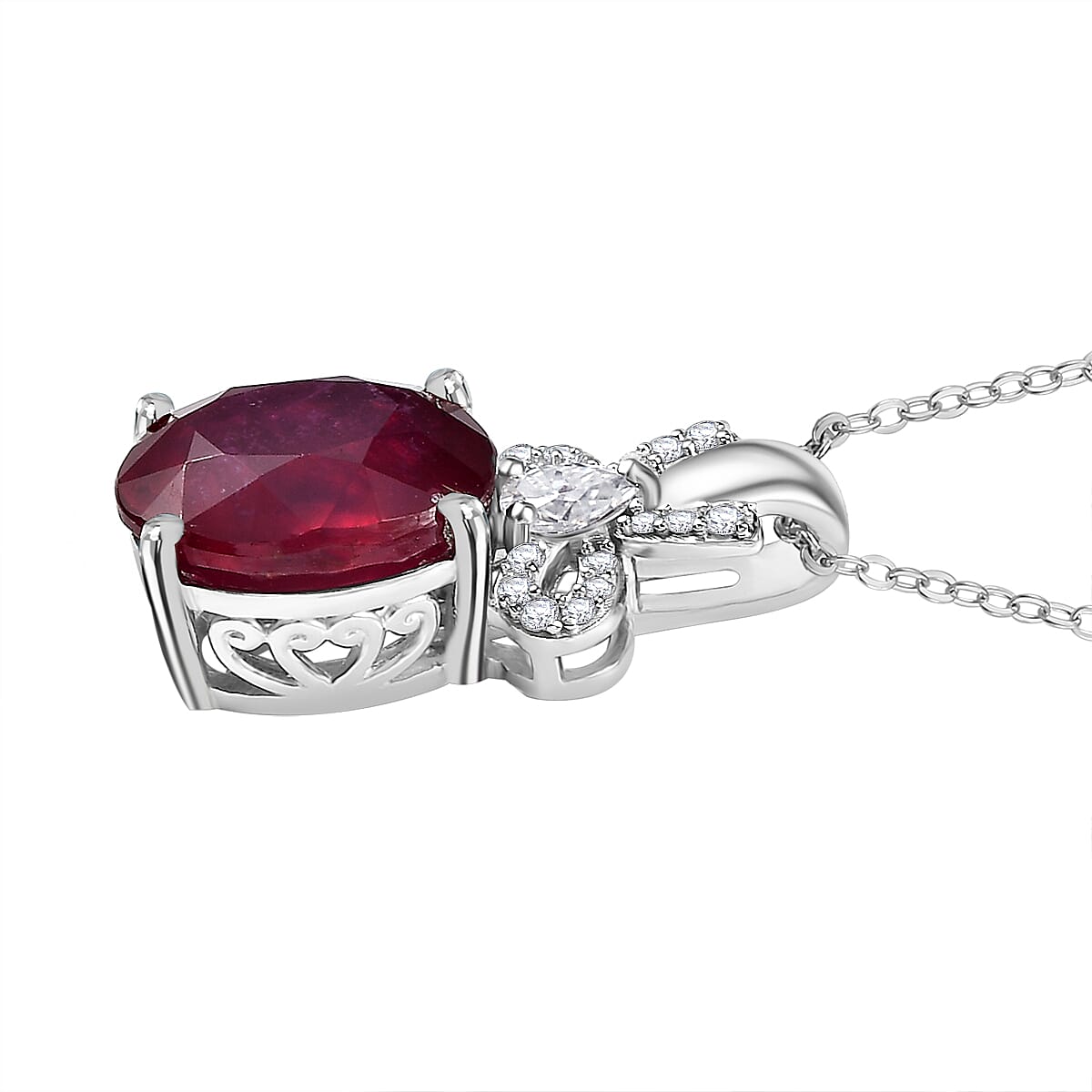 African Ruby & Moissanite Pendant with Chain (Size - 20) in Rhodium Overlay Sterling Silver 5.75 Ct.