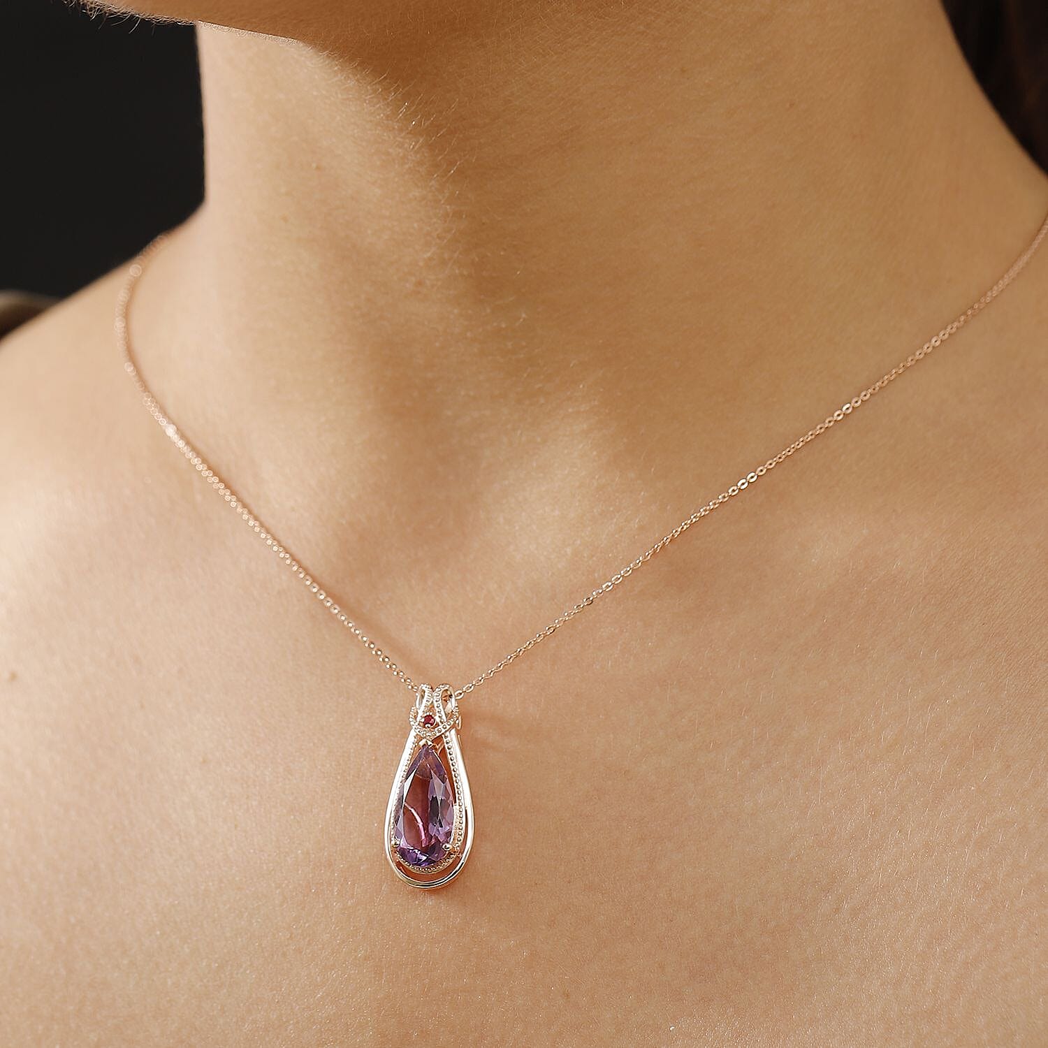 AAA Rose De France Amethyst & African Ruby Pendant with Chain (Size - 20) in 18K Vermeil Rose Gold Plated Sterling Silver 4.53 Ct.