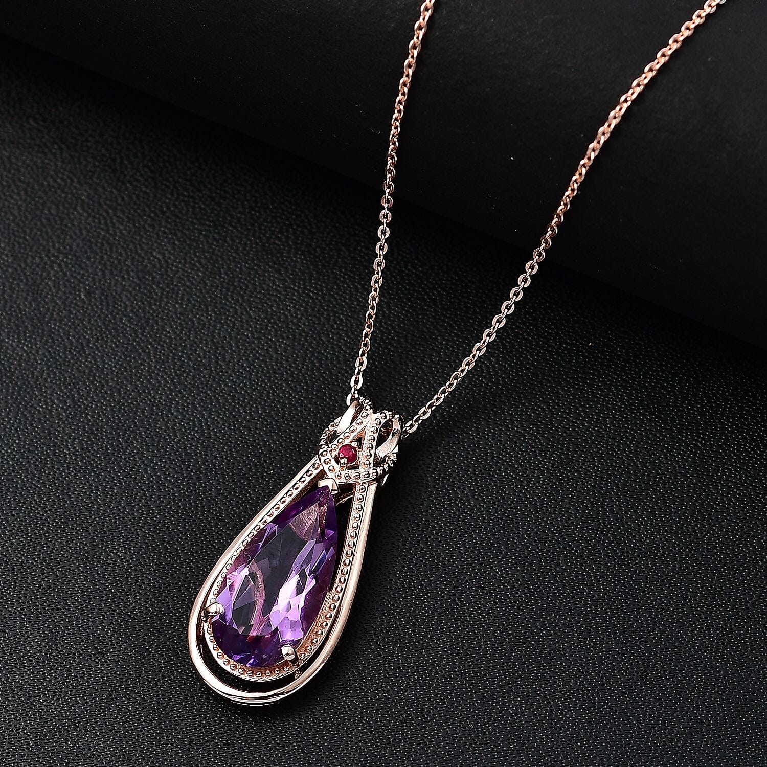 AAA Rose De France Amethyst & African Ruby Pendant with Chain (Size - 20) in 18K Vermeil Rose Gold Plated Sterling Silver 4.53 Ct.