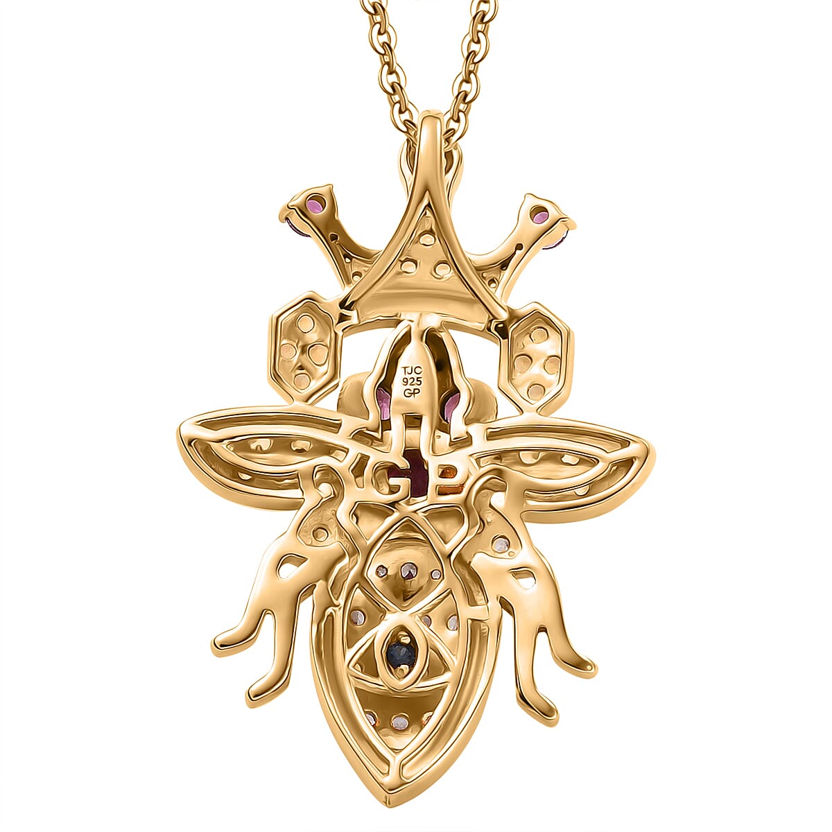 GP Honeycomb Collection - African Ruby & Multi Gemstones Bee with Crown Pendant with Chain (Size - 20) in 18K Vermeil Yellow Gold Plated Sterling Silver 2.10 Ct, Silver Wt. 9.65 Gms. GP Honeycomb Collection - African Ruby & Multi Gemstones Bee with Crown Pendant with Chain (Size - 20) in 18K Vermeil Yellow Gold Plated Sterling Silver 2.10 Ct, Silver Wt. 9.65 Gms.