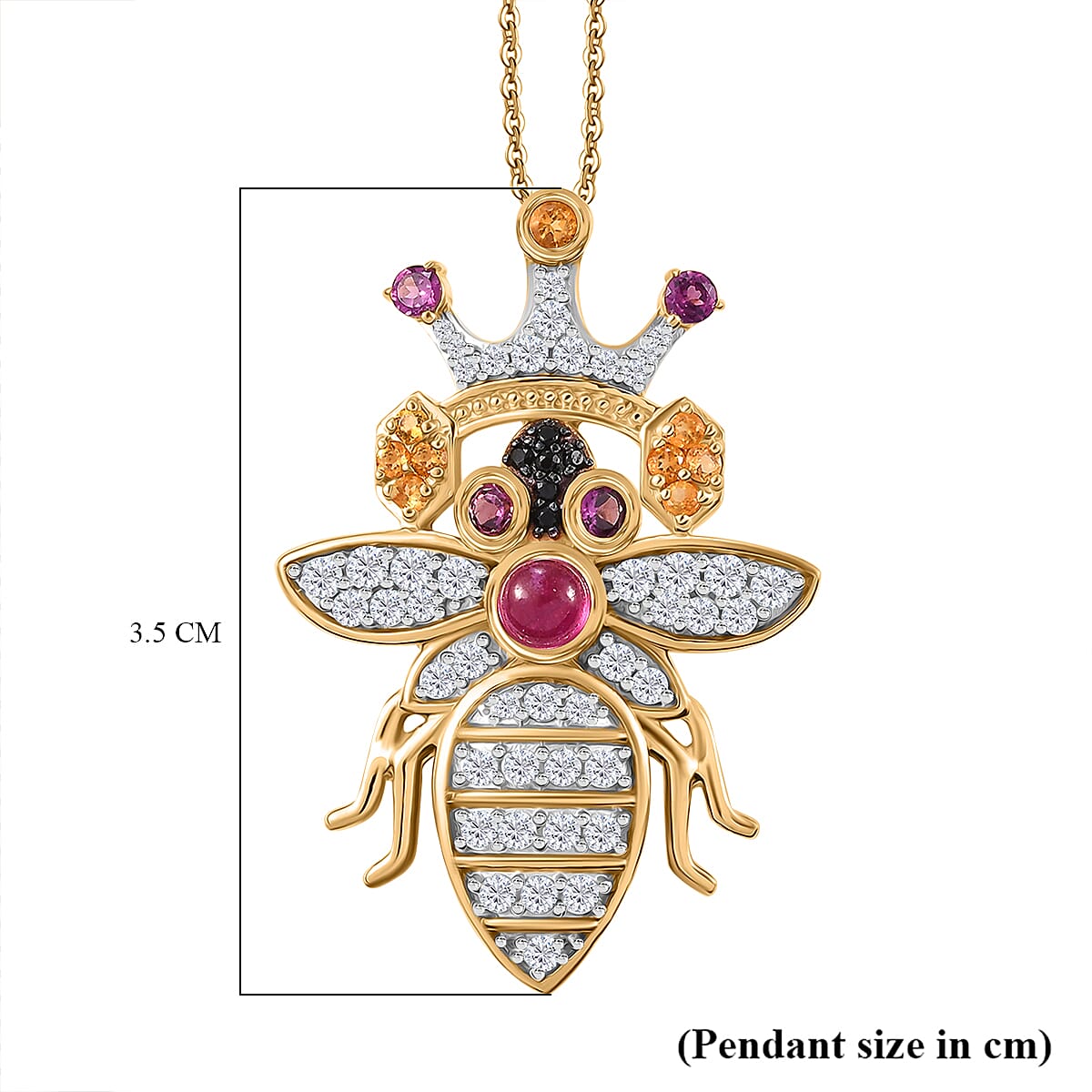 GP Honeycomb Collection - African Ruby & Multi Gemstones Bee with Crown Pendant with Chain (Size - 20) in 18K Vermeil Yellow Gold Plated Sterling Silver 2.10 Ct, Silver Wt. 9.65 Gms. GP Honeycomb Collection - African Ruby & Multi Gemstones Bee with Crown Pendant with Chain (Size - 20) in 18K Vermeil Yellow Gold Plated Sterling Silver 2.10 Ct, Silver Wt. 9.65 Gms.