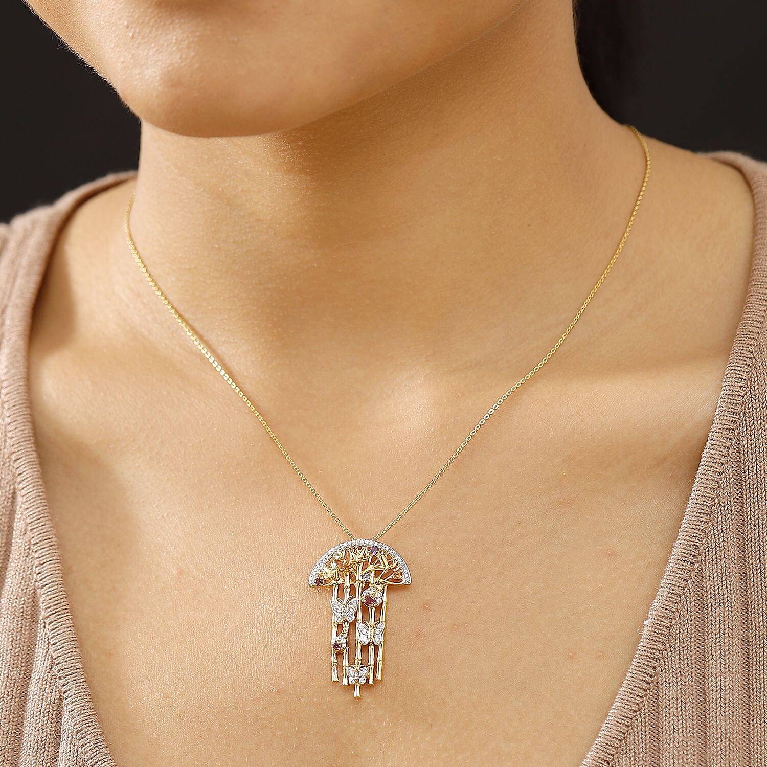 GP Italian Garden Collection Rhodolite Garnet & Multi Gemstones Pendant with Chain (Size - 20) in 18K Vermeil Yellow Gold Plated Sterling Silver 2.20 Ct, Silver Wt. 9.40 Gms.