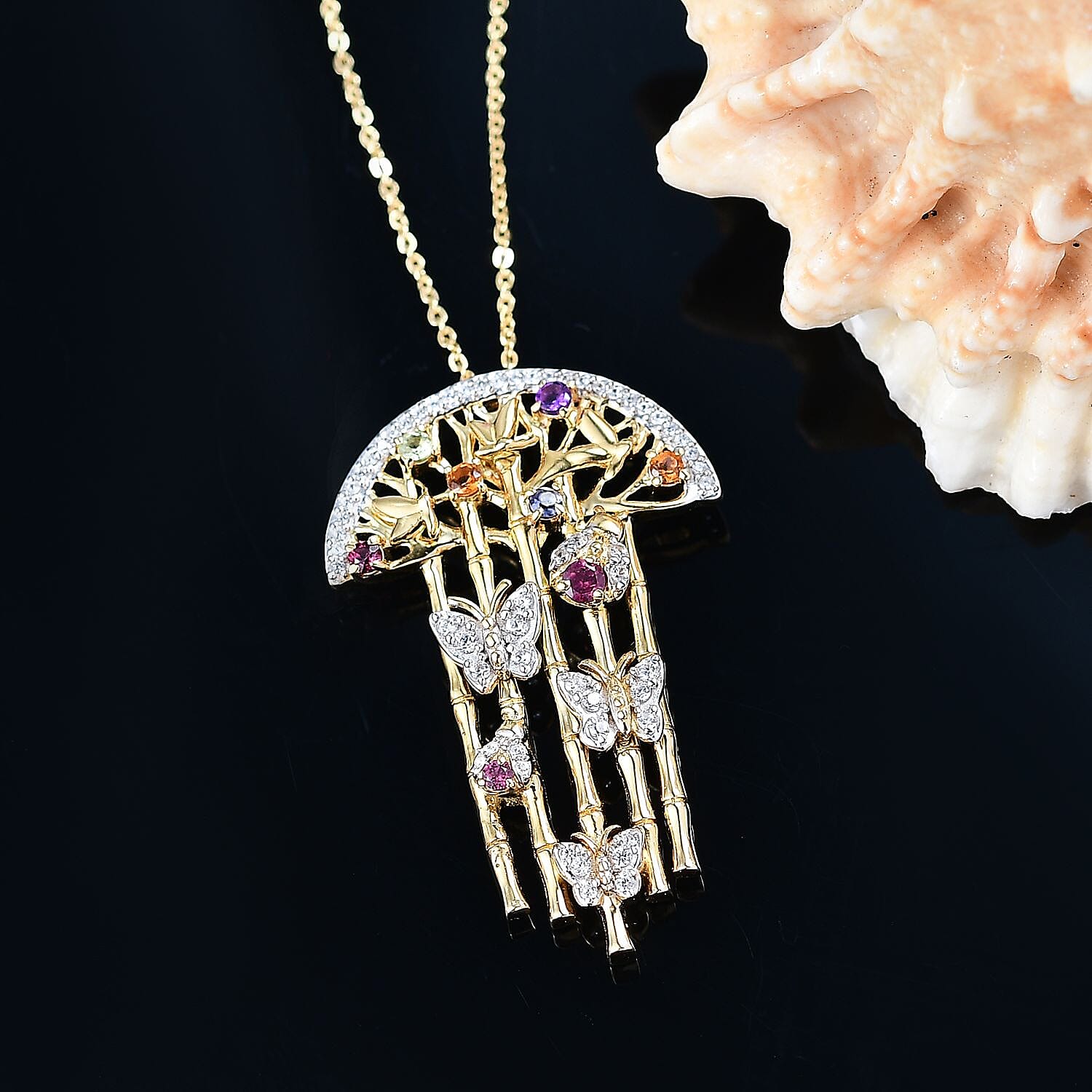 GP Italian Garden Collection Rhodolite Garnet & Multi Gemstones Pendant with Chain (Size - 20) in 18K Vermeil Yellow Gold Plated Sterling Silver 2.20 Ct, Silver Wt. 9.40 Gms.