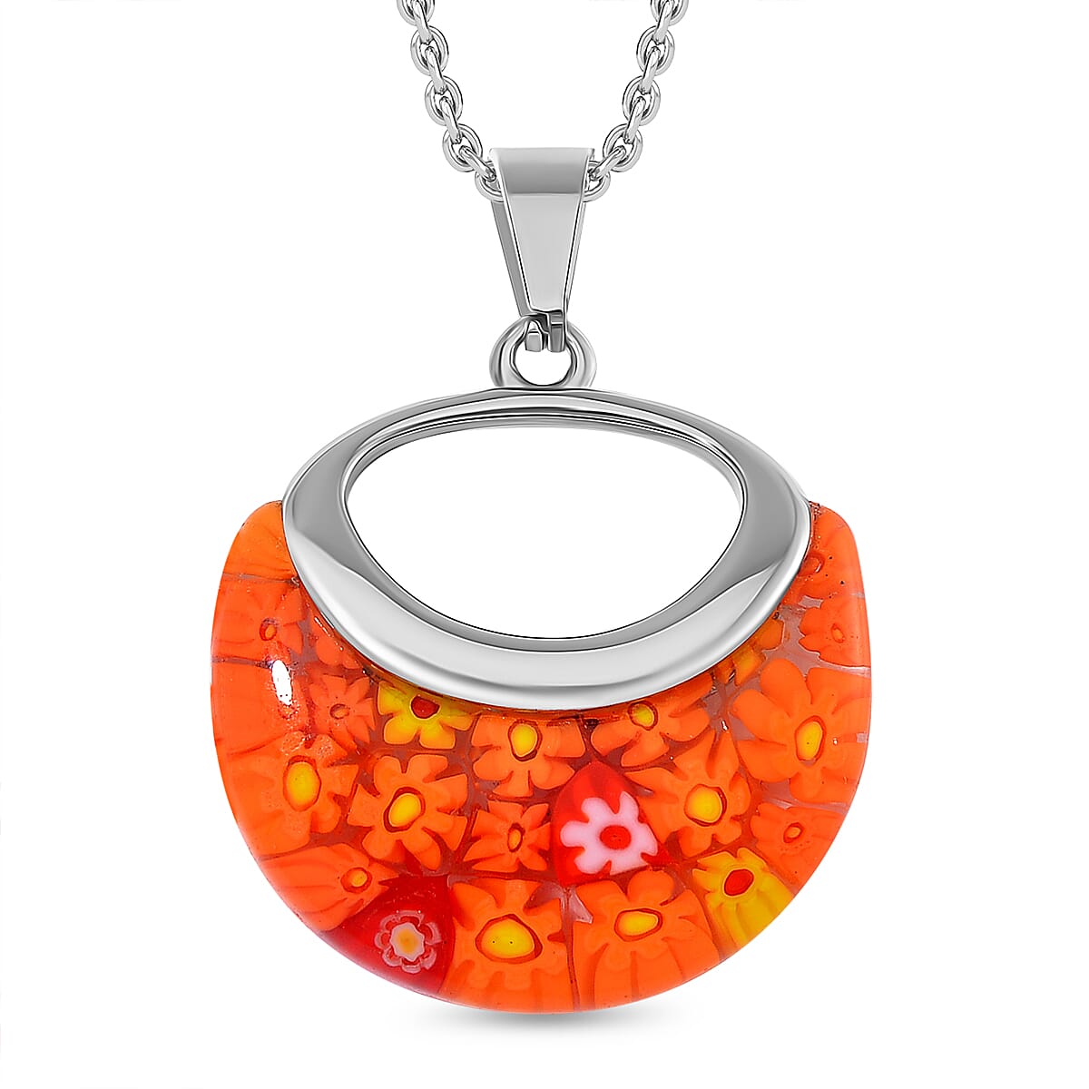 Orange Color Murano Glass Pendant with Chain (Size - 24) with Clasp in Stainless Steel