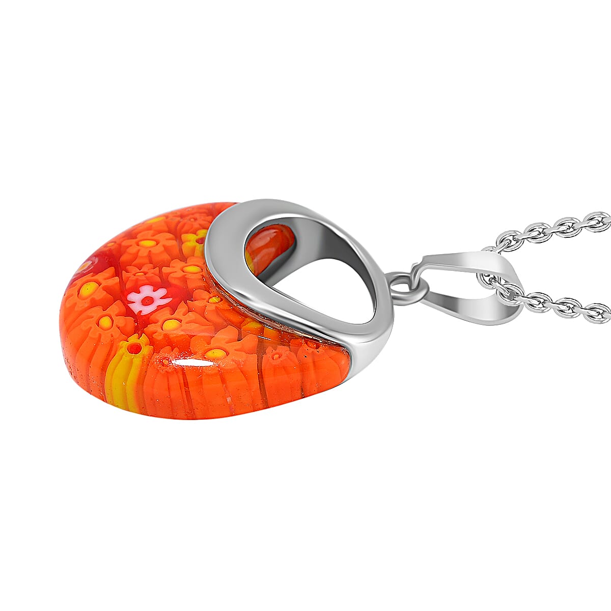 Orange Color Murano Glass Pendant with Chain (Size - 24) with Clasp in Stainless Steel