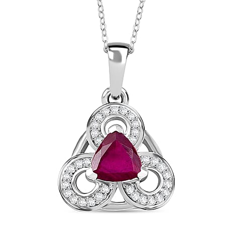 African Ruby & White Zircon Pendant with Chain (Size - 20) in Rhodium Overlay Sterling Silver 2.09 Ct.
