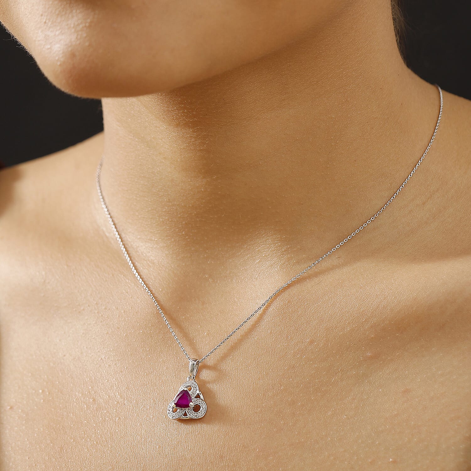 African Ruby & White Zircon Pendant with Chain (Size - 20) in Rhodium Overlay Sterling Silver 2.09 Ct.