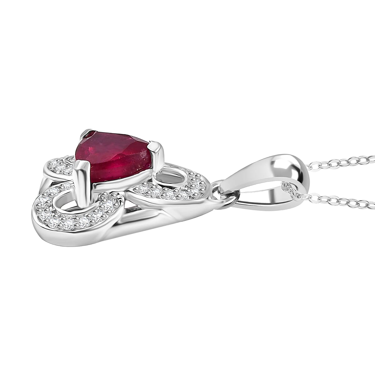 African Ruby & White Zircon Pendant with Chain (Size - 20) in Rhodium Overlay Sterling Silver 2.09 Ct.